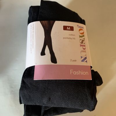 Joyspun 2 Pair Women’s Cotton Pointelle/Rib Tights  Black Size Medium - NEW